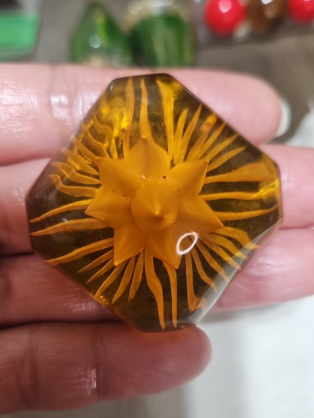 Vintage Apple Juice Octagonal Bakelite Flower Carved Brooch